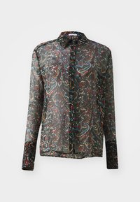 Must have mustadeshirt, mille pika varrukaga, kaelus ja värviline paisley muster, millel on punased, sinised ja rohelised toonid kogu kangas.