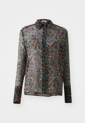 Sort gennemsigtig bluse med lange ærmer, krave og et farverigt paisley-mønster med røde, blå og grønne nuancer i hele stoffet.