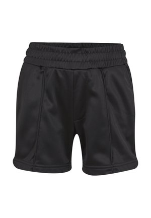Pantaloni sportivi neri con vita elasticizzata, tessuto liscio e dettagli di cucitura sottili. Progettati per l'abbigliamento attivo.