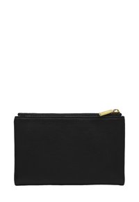 Portefeuille rectangulaire en cuir noir avec une tirette dorée sur le dessus, présenté fermé sur fond blanc.