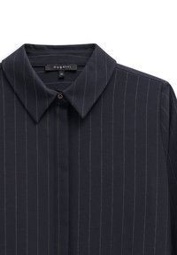 Navy blue shirt with a button-down collar, featuring white pinstripe pattern, and a single button at the neck. Made from a smooth, woven fabric.