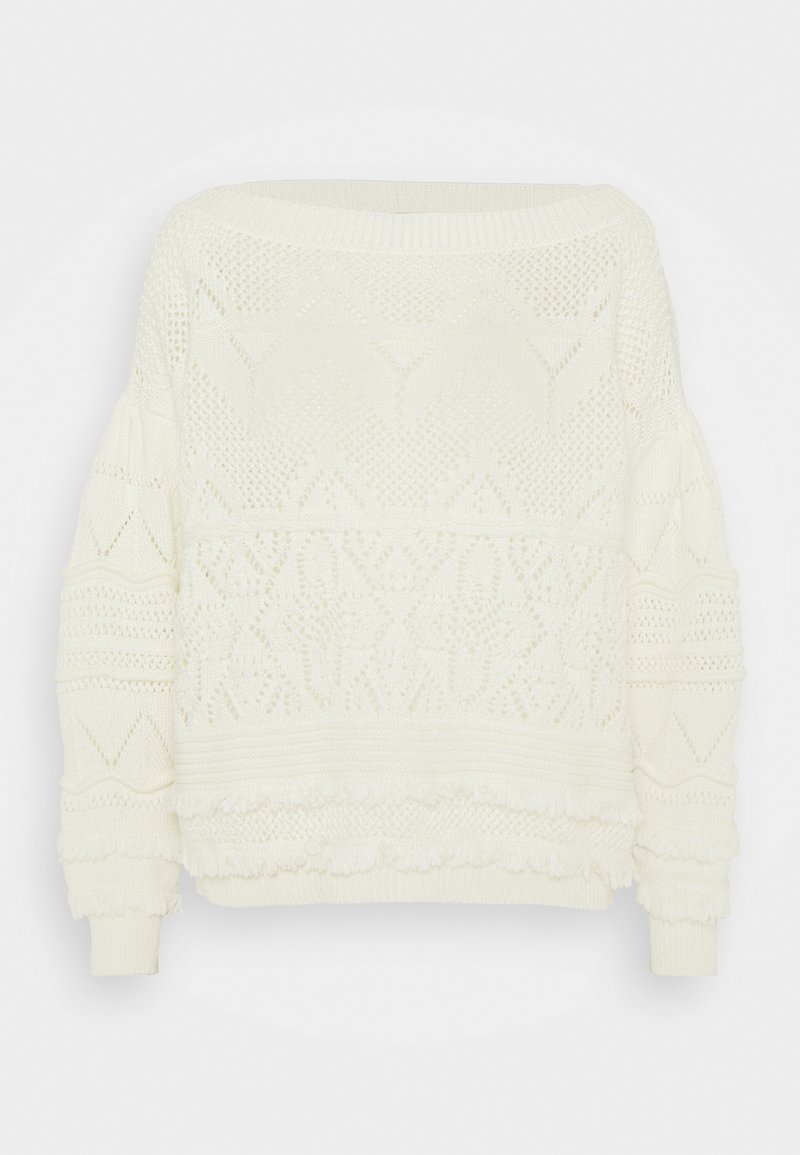 Pull blanc en maille avec motifs texturés en losanges et zigzags, coupe ample, manches longues, poignets et ourlet côtelés.