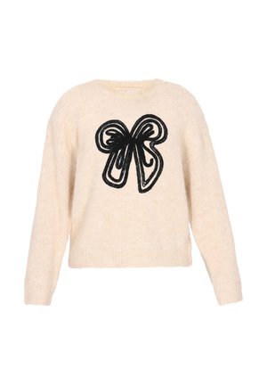 Kremowy sweter wykonany z miękkiego, teksturowanego materiału, z wyraźną czarną haftowaną kokardą z przodu oraz długimi rękawami.
