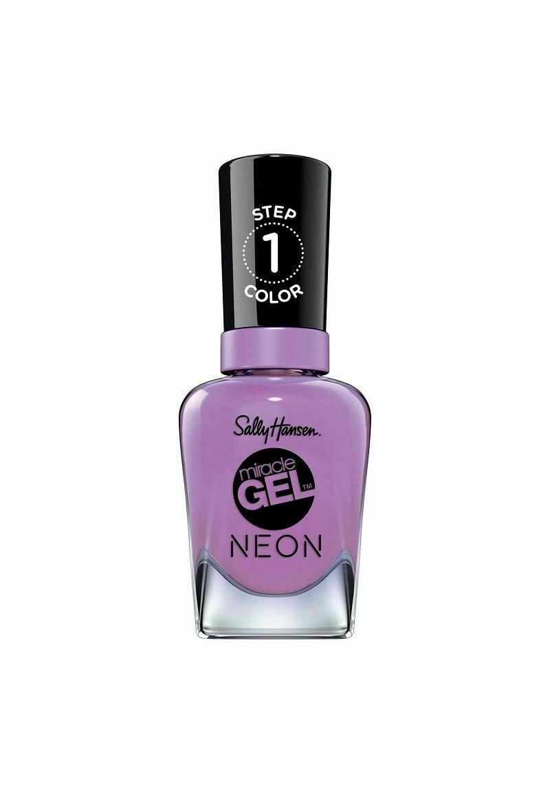 Sally Hansen Miracle Gel i Neon, med en fyrkantig glasflaska med en avsmalnande bas, livlig lila färg och svart kork märkt "STEG 1 FÄRG."