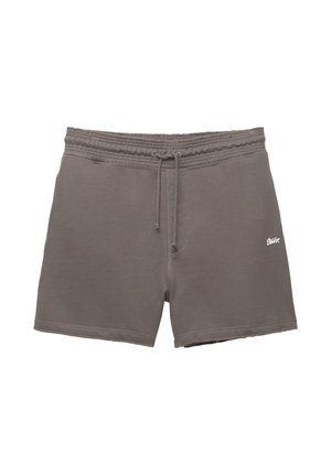 Shorts en coton gris avec une taille élastique, un cordon de serrage et un logo blanc sur le devant. Design simple, longueur au milieu de la cuisse.