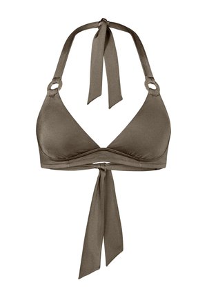 Bikini top in matte olive green fabric, featuring a triangular shape, halter neck ties, metal rings, and a center knot detail.