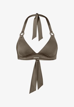 Bikini top in matte olive green fabric, featuring a triangular shape, halter neck ties, metal rings, and a center knot detail.