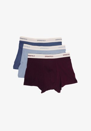 Tre paia di boxer da uomo, caratterizzati da un paio di un bordeaux scuro, uno azzurro chiaro e uno blu navy. Fasce elastiche in vita contrassegnate con la scritta "SPRINGFIELD".
