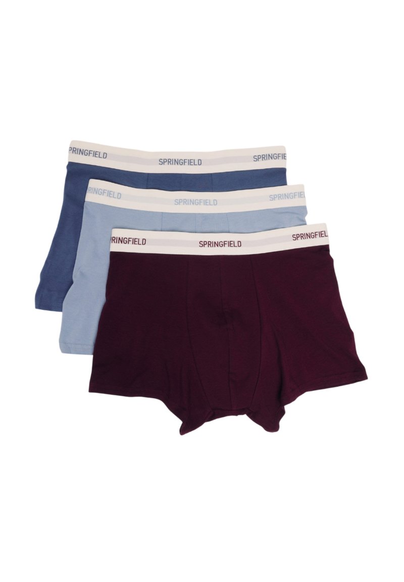 Tři páry pánských boxerů, které zahrnují tmavě burgundský pár, světle modrý pár a námořnický modrý pár. Elastické pásky v pase s nápisem "SPRINGFIELD."