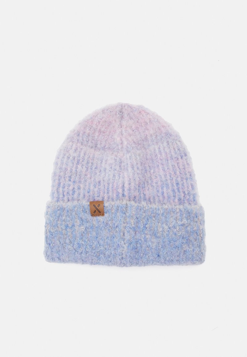 Knit beanie in pastel pink and blue hues with a textured surface. Features a brown leather tag stitched on the folded ribbed cuff.