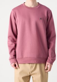 Felpa di cotone rosa con maniche lunghe, scollo rotondo e un piccolo dettaglio logo sul petto. Tessuto liscio e vestibilità comoda.