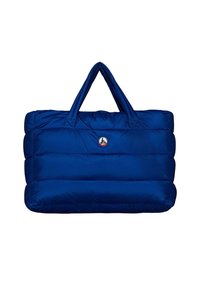 Borsa tote blu in nylon con due manici, design trapuntato, texture morbida e dettaglio del logo al centro. Leggera e spaziosa.