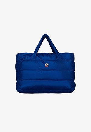 Blaue Puffertasche mit zwei Tragegriffen, gesteppter Design, weiche Textur und Logodetail in der Mitte. Leicht und geräumig.