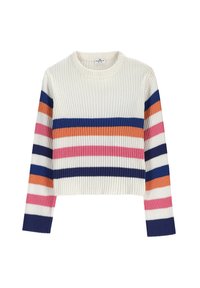 Sweter o prążkowanym splocie w kolorze ecru, w paski w kolorach: granatowym, różowym, pomarańczowym i białym. Krótkie fason z długimi rękawami i okrągłym dekoltem.