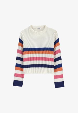 Sweter o prążkowanym splocie w kolorze ecru, w paski w kolorach: granatowym, różowym, pomarańczowym i białym. Krótkie fason z długimi rękawami i okrągłym dekoltem.