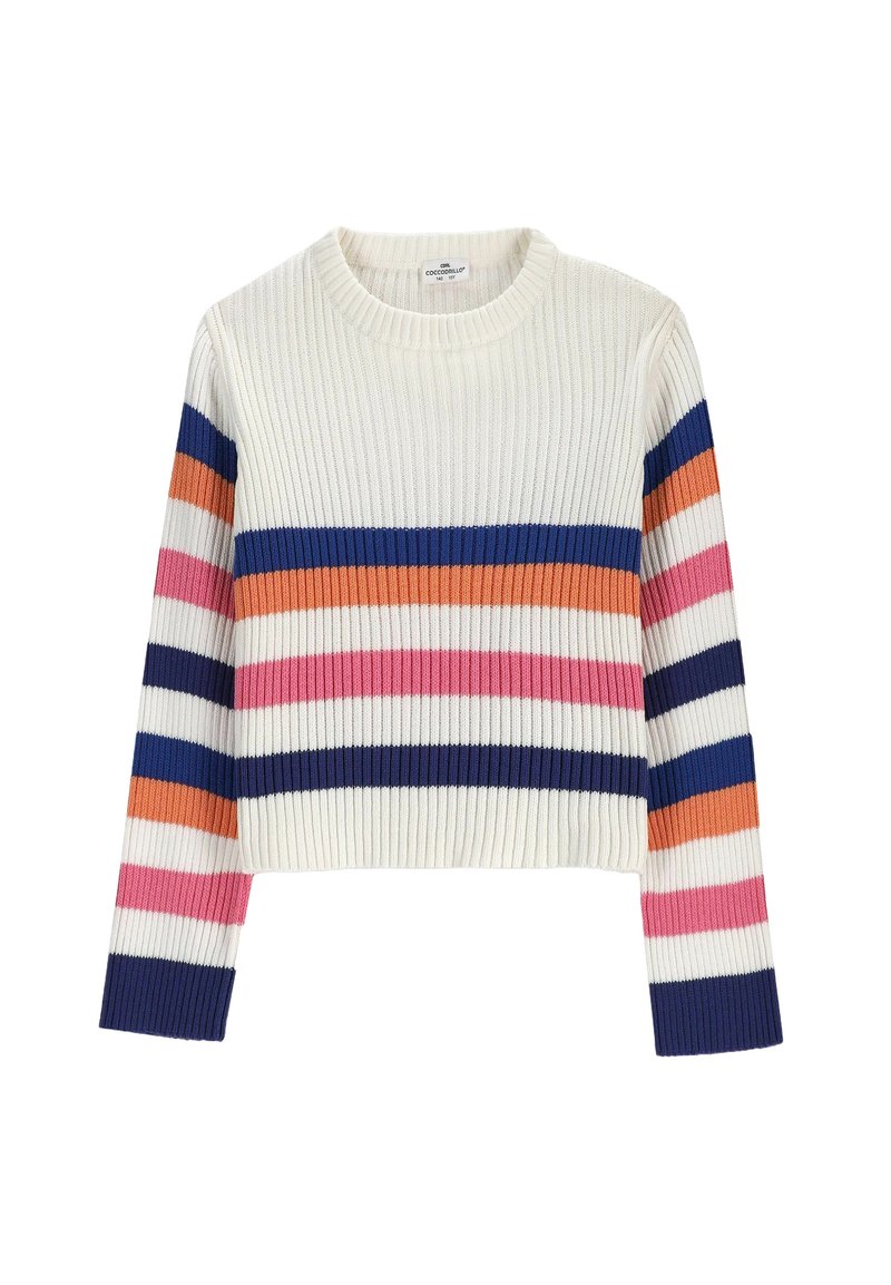 Sweter o prążkowanym splocie w kolorze ecru, w paski w kolorach: granatowym, różowym, pomarańczowym i białym. Krótkie fason z długimi rękawami i okrągłym dekoltem.