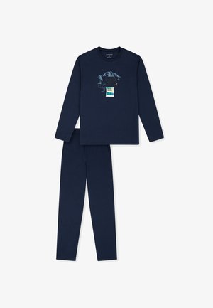 Conjunto de pijama de manga larga azul marino hecho de tela suave, con un gráfico de montaña y texto en la camiseta; cinturilla elástica en los pantalones.