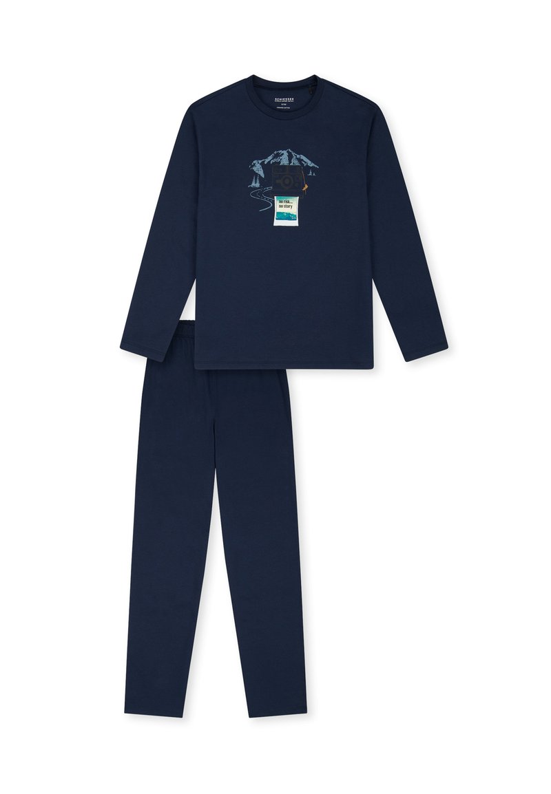 Navyblaue Langarm-Pyjamaset aus weichem Stoff, mit einem Bergmotiv und Text auf dem Shirt; elastischer Bund an der Hose.