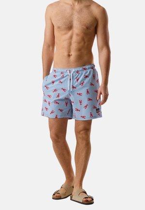 Mand iført blå og hvide stribede badeshorts med røde hummerprint og beige sandaler, stående mod en ensfarvet baggrund.