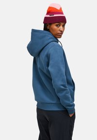 Blaues Kapuzensweatshirt in lässiger Passform; mit einer Kängurutasche und gerippten Bündchen. Kombiniert mit einer mehrfarbigen Strickmütze.