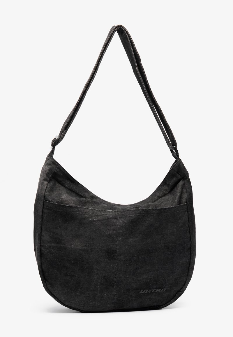 Black shoulder bag with a curved shape and a single strap, featuring a front pocket, displayed against a white background.