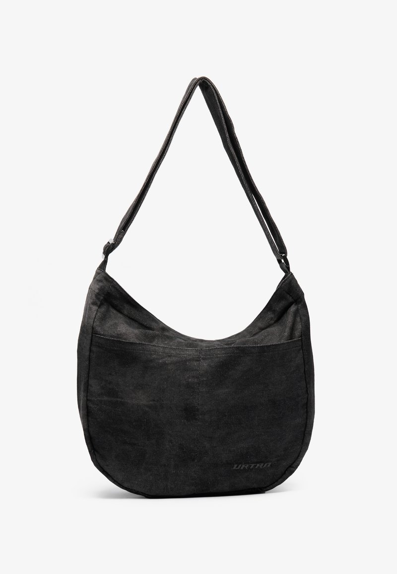 Black shoulder bag with a curved shape and a single strap, featuring a front pocket, displayed against a white background.