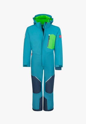 Blue and green one-piece winter suit with hood, zippered chest pocket, reinforced navy knee and lower leg patches, and flag detail on the sleeve.