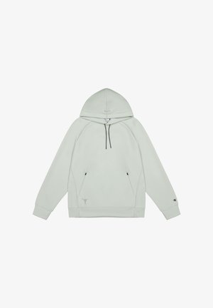 Lichtgrijze hoodie van zachte stof, met een grote capuchon, een trekkoord, twee voorzakken en kleine merkaccenten op de borst en de mouw.