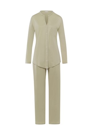 Two-piece loungewear set in light olive green, made of soft fabric. Long-sleeve button-up top with a pocket, paired with straight-leg pants.