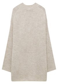 Pull beige en maille, manches longues, col rond et texture côtelée, présenté sur fond blanc.