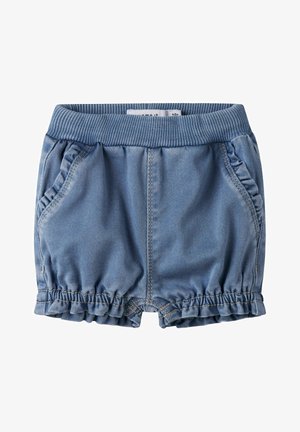Blauwe peutershorts met elastische taille, geplooide pijpen en geruite details langs de zijzakken.