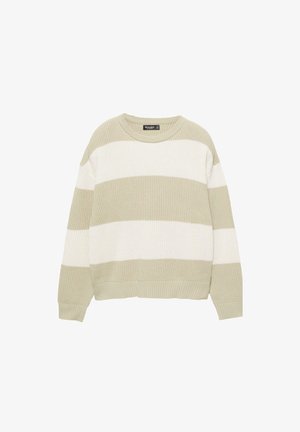 Svjetlozeleni i bijeli prugasti pulover, rebrasta tekstura, okrugli izrez, spuštena ramena i opušteni kroj s rubom na bokovima.