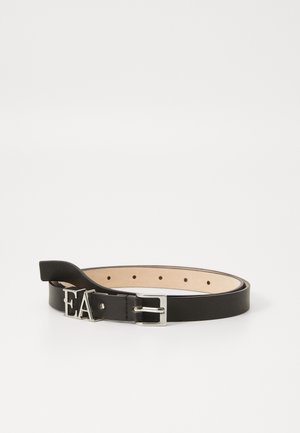 Black leather belt with silver buckle featuring the letters "EA." Smooth texture, narrow shape, and multiple adjustment holes along the length.