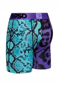 Herren-Boxershorts mit blauem Schlangenprint vorne und lila Leopardenprint hinten, mit lila Bund und schwarzem PSD-Logo.