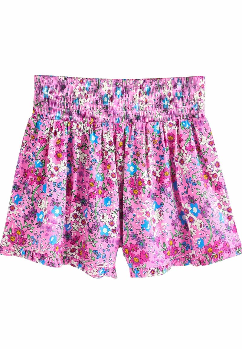 Shorts roses à motif floral avec une large ceinture élastique et un tissu froncé, décorés de fleurs bleues, blanches, roses et vertes.