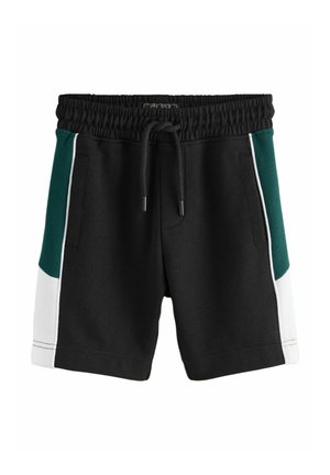 Sorte shorts med elastisk taljebånd og snøre. Har grønne og hvide sidepaneler, to lommer og et blødt, tekstureret stof.