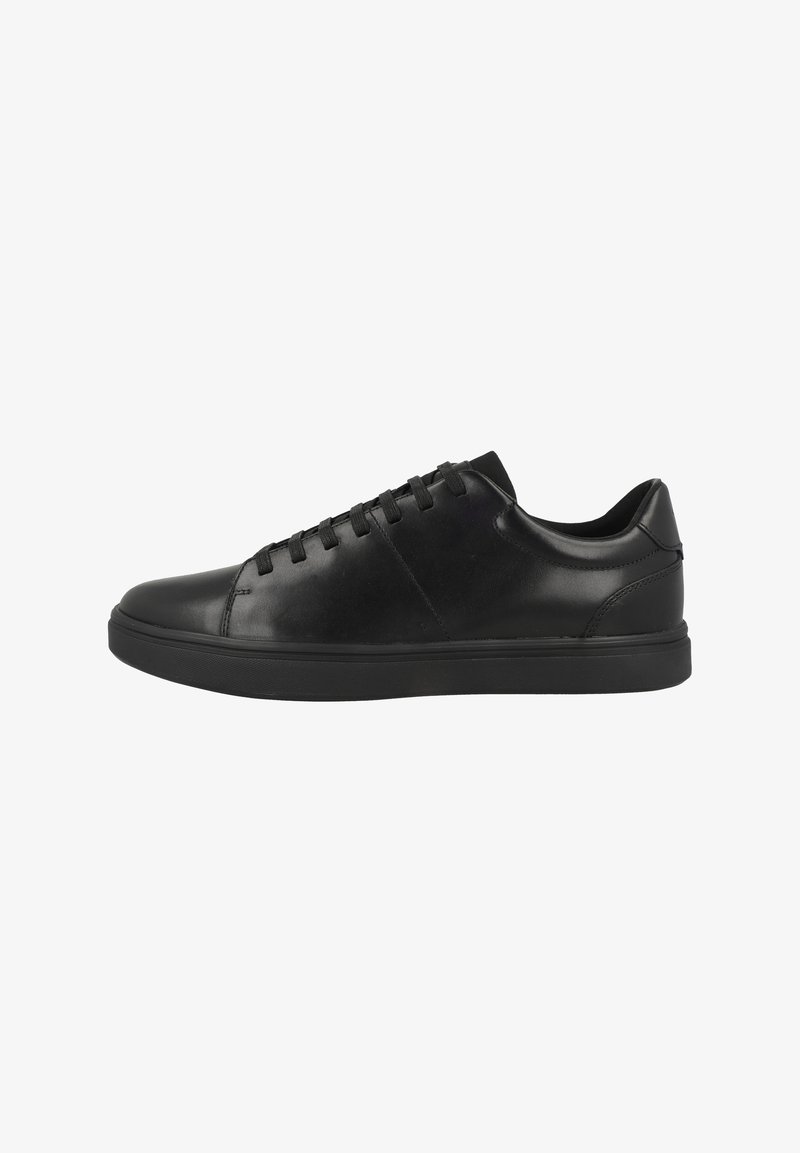 Black leather low-top sneaker with round toe, flat sole, and six eyelet lace-up closure. Smooth texture with minimal design details.