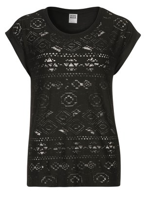 Sort semi-transparent kortærmet top med rund hals og diskrete geometriske og blomsteragtige mønstre, Vero Moda-mærkat indeni kraven.