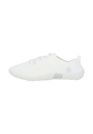 White athletic shoes with a textured knit upper, elastic straps for closure, and a lightweight sole. Simple design with minimal accents.