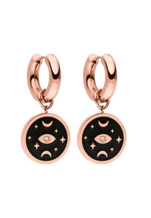 Roségold Creolen mit schwarzen, runden Anhängern, die ein Auge, Halbmonde und Sterne in einem himmlischen Design darstellen.