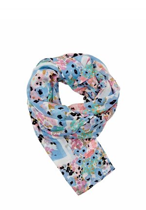 Lichtgewicht sjaal met blauw, roze en zwart bloemenpatroon, los gedraaid op een witte achtergrond.