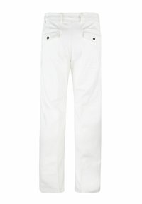 Pantaloni in cotone bianchi con un design a gamba dritta. Presentano due tasche posteriori con bottoni neri e una vita piatta.