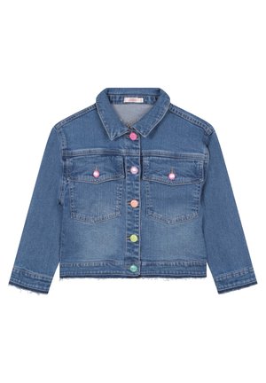 Denimjacket met een klassieke kraag, twee voorzakken en kleurrijke knopen. Heeft een gerafelde zoom en een lichtblauwe wassing.