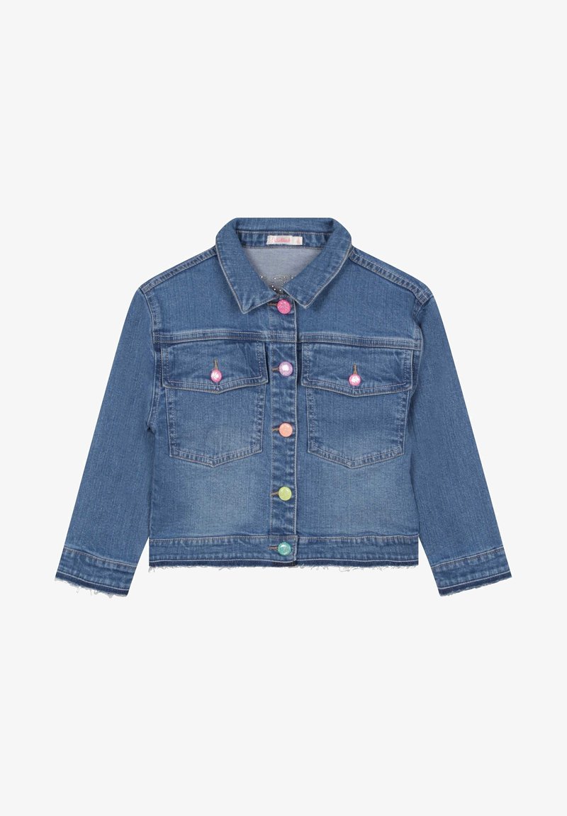 Jeansowa kurtka z klasycznym kołnierzem, dwiema przednimi kieszeniami i kolorowymi guzikami. Posiada postrzępiony dół i jasnoniebieski odcień.