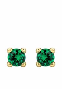 Orecchini rotondi in cristallo verde smeraldo montati in metallo color oro, dotati di quattro impostazioni a morso e di una finitura liscia e lucida.