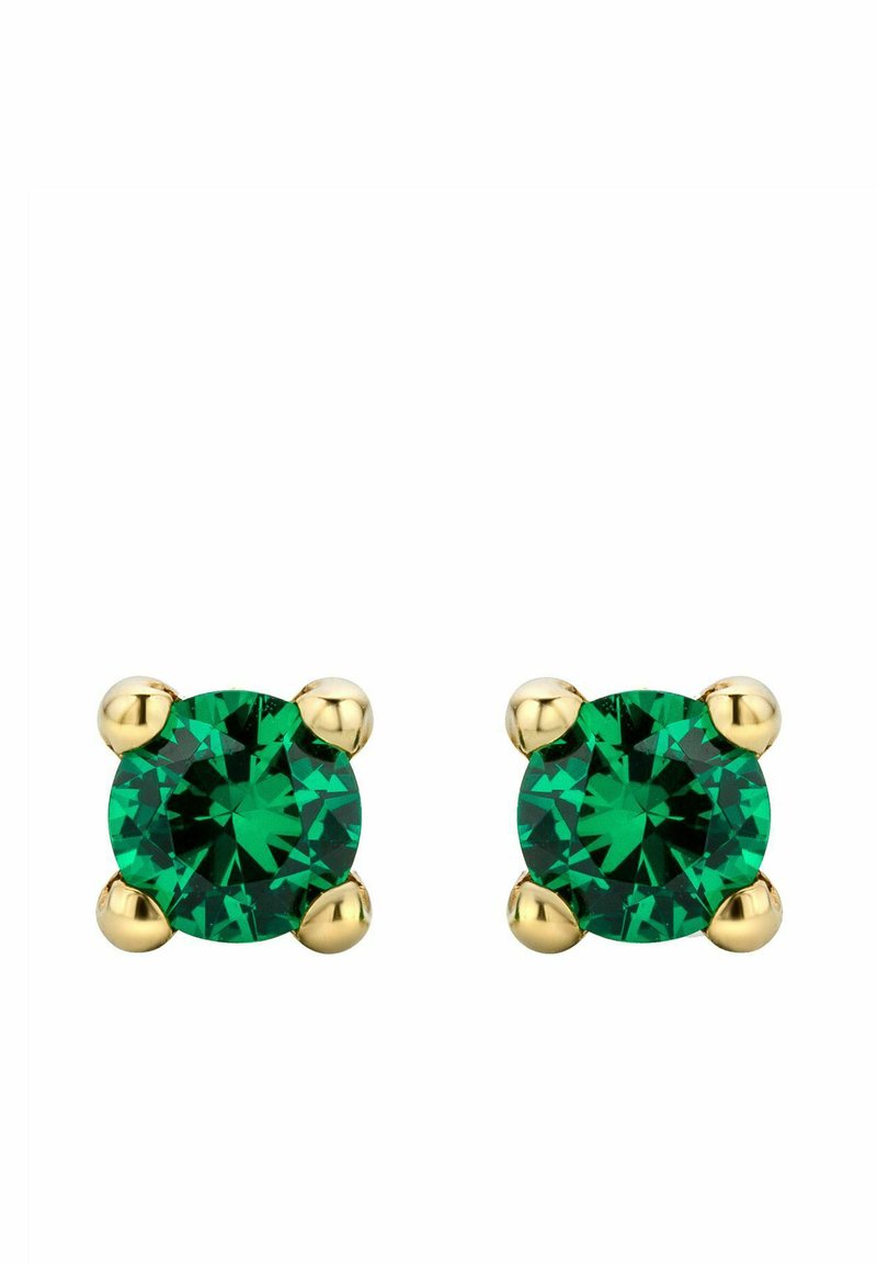 Orecchini rotondi in cristallo verde smeraldo montati in metallo color oro, dotati di quattro impostazioni a morso e di una finitura liscia e lucida.