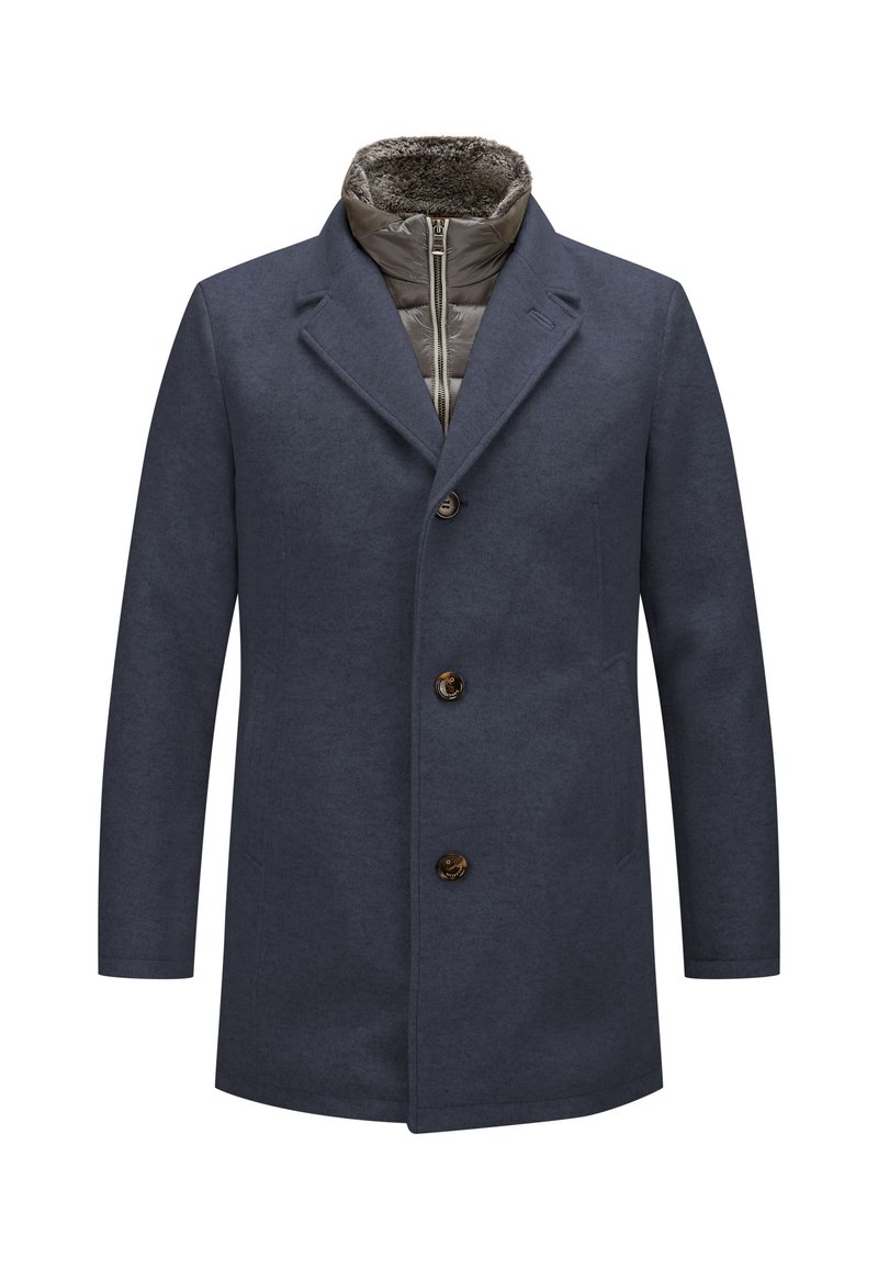 Marineblaue Jacke mit Reverskragen, Knopfverschluss und einem mit Fell gefütterten Kragen. Verfügt über ein gestepptes Innenfutter mit einem Reißverschluss.