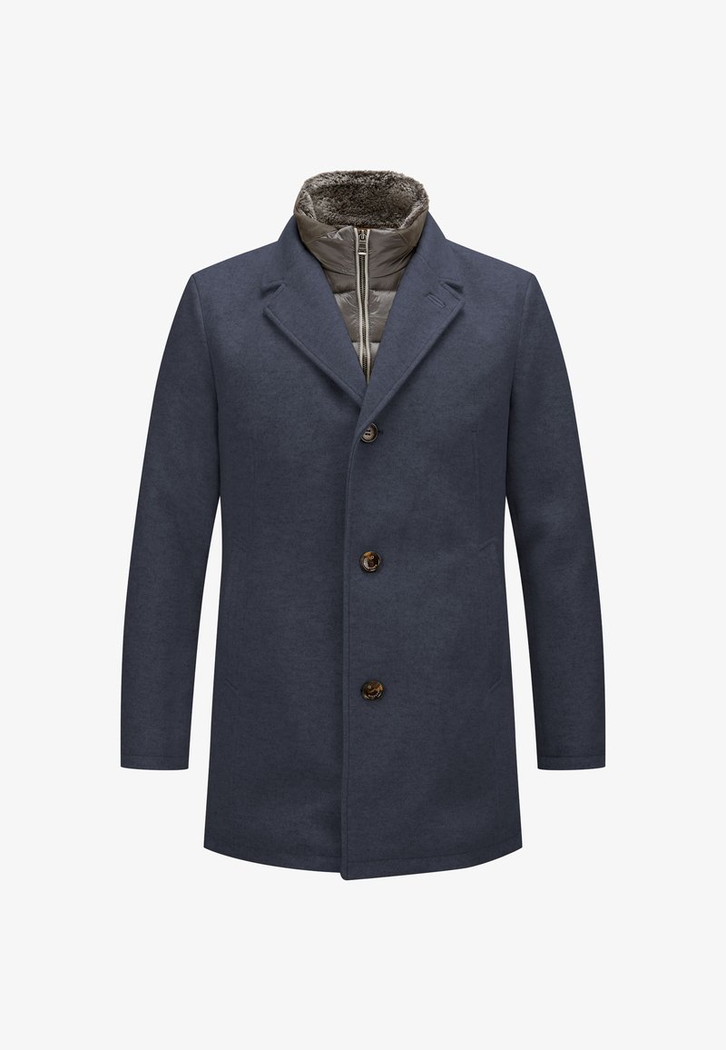 Marineblaue Jacke mit Reverskragen, Knopfverschluss und einem mit Fell gefütterten Kragen. Verfügt über ein gestepptes Innenfutter mit einem Reißverschluss.