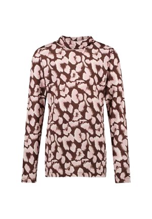 Langarmtop van zachte stof, met een bruine en roze abstracte luipaardprint, hoge halslijn en een ontspannen pasvorm.