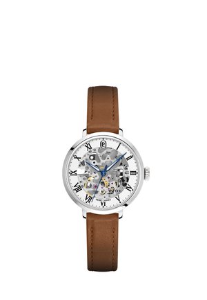 Montre ronde en argent avec bracelet en cuir marron, cadran blanc montrant les engrenages intérieurs, chiffres romains noirs et aiguilles bleues des heures, minutes et secondes.